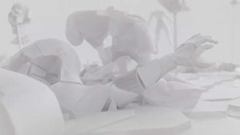 white, crushed android shells on spikes on a foggy junkyard