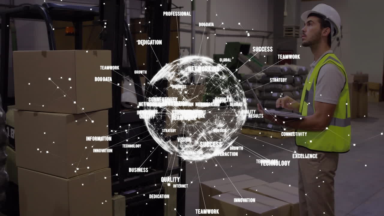 글로벌 네트워크 및 기술 애니메이션을 통해 창고 노동자가 포크리프트를 운영합니다.
