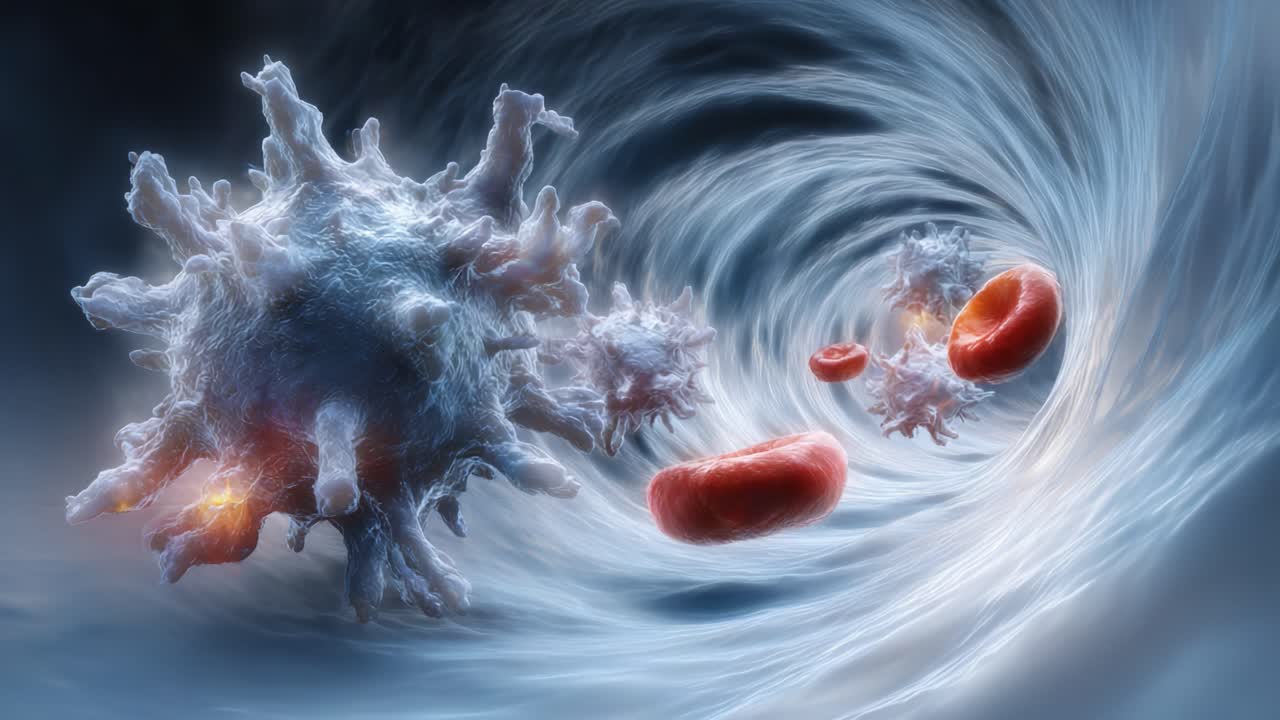 Dynamic Interaction of Immune Cells and Red Blood Cells in a Surreal Biological Environment, Showcasing the Complexity of Human Immune Response and Blood Circulation