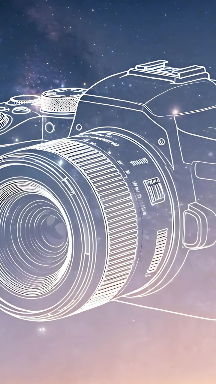 Vertikales Video: Eine DSLR-Kamera in Strichzeichnung zoomt in ein Sternenfeld, wobei Linsenringe und Glanzlichter sichtbar werden.