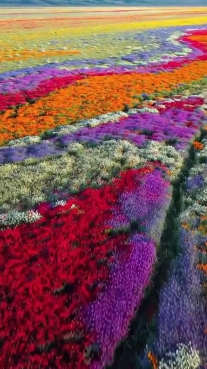 Fantastisk luftfoto av et levende regnbuefarget blomsterfelt