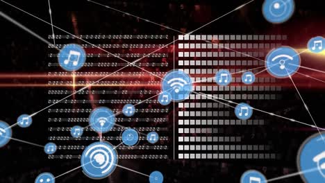 animación de la red de conexión con iconos sobre fondo rojo y negro con procesamiento de datos