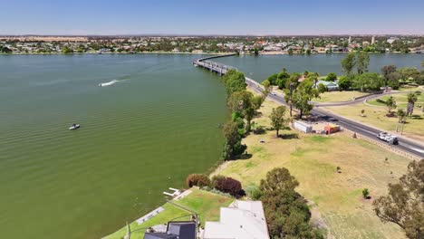 overhead houses and approaching the bridge between yarrawonga and mulwala, nsw, australia