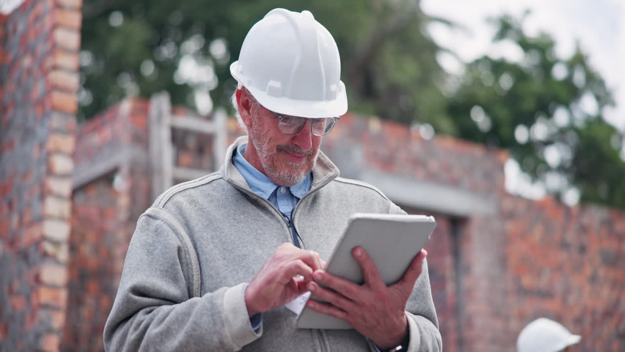 Construction site engineer using tablet