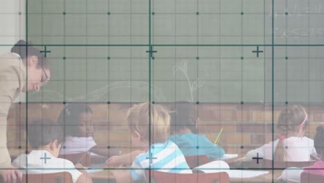 grid network against caucasian female teacher teaching group of students in the class at school
