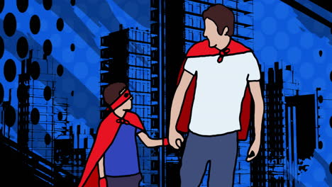 animation of superhero family together on blue background