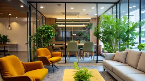 a living room filled with lots of yellow and orange chairs