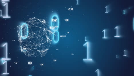 Animation of globe of network of connections and binary coding data processing