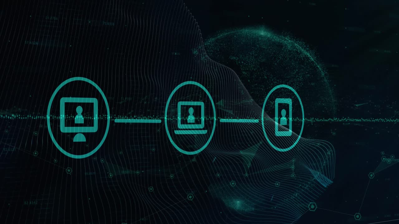 Animation of connected icons over wave pattern against graph and globe on black background