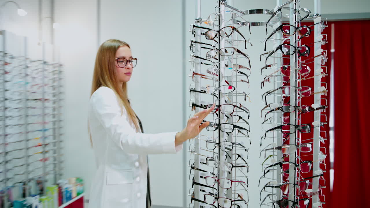 Woman at glasses shop. Smiling young woman choosing glasses in shop