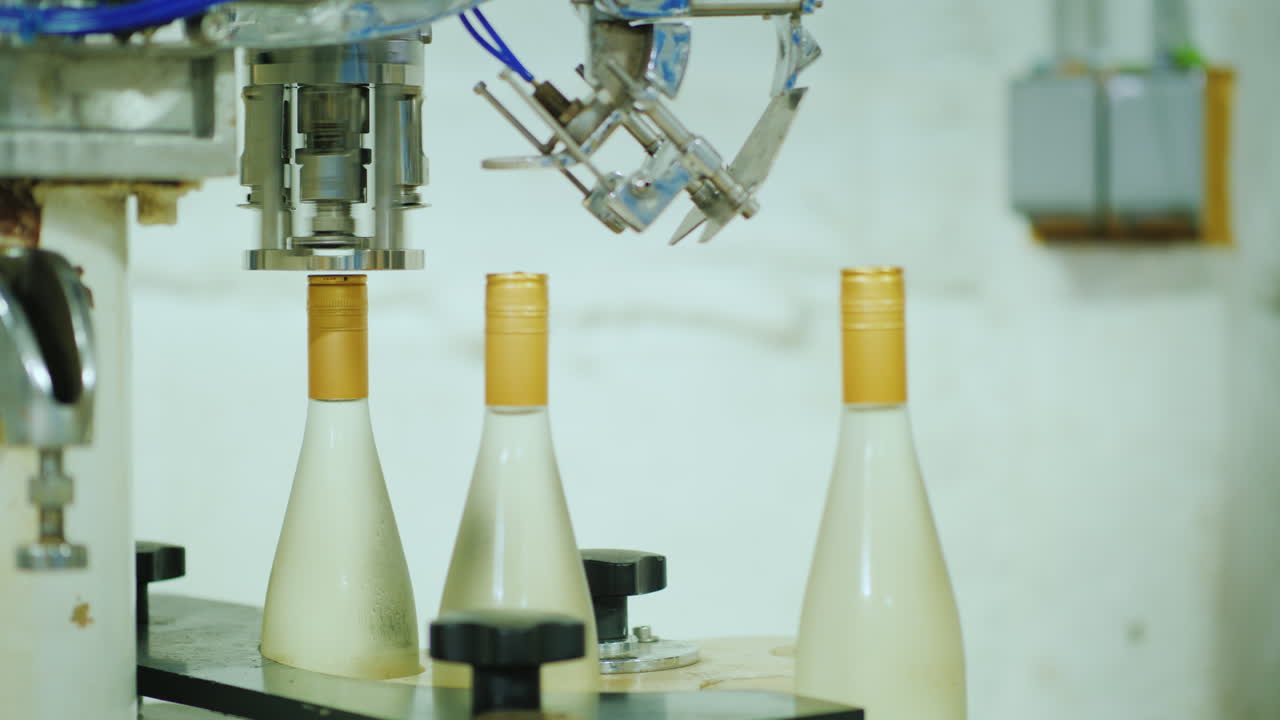 botellas de vino que se mueven a lo largo del transportador hasta el automóvil donde se lavan con agua