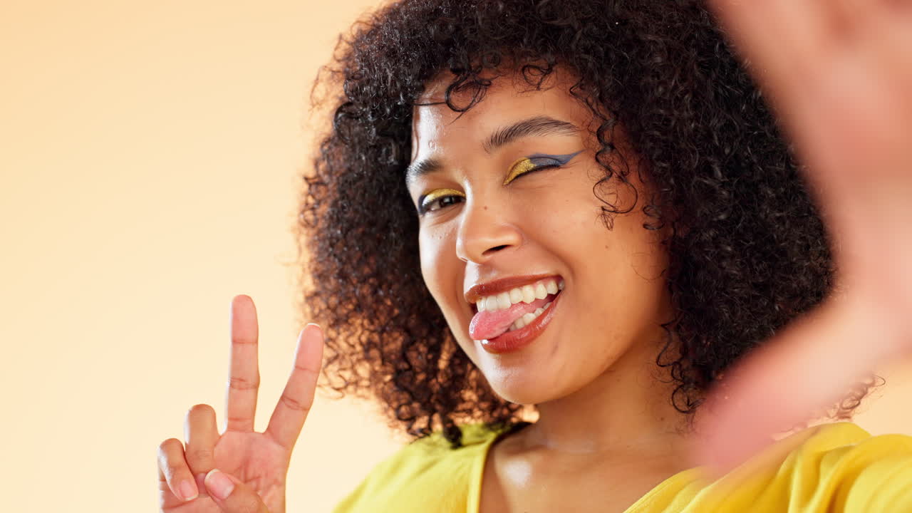 Makeup, selfie and face art of woman on yellow