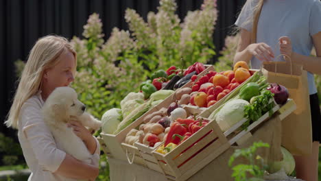 Woman-holding-a-puppy-buys-vegetables-at-a-farmers-market