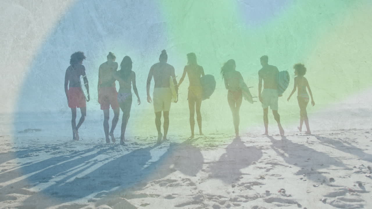 Group of people walking on beach with colorful overlay animation