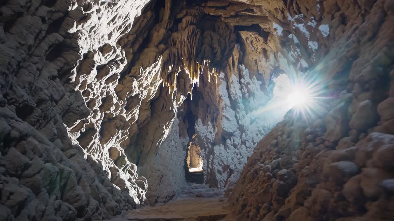 A video frame captures a low-angle view of a rocky cave interior, with sunlight streaming