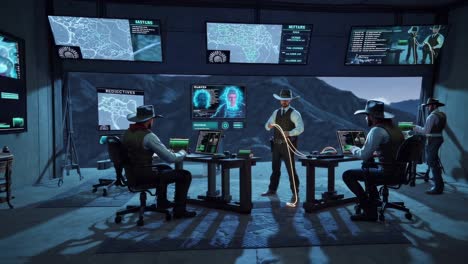 cowboys in a high-tech surveillance room
