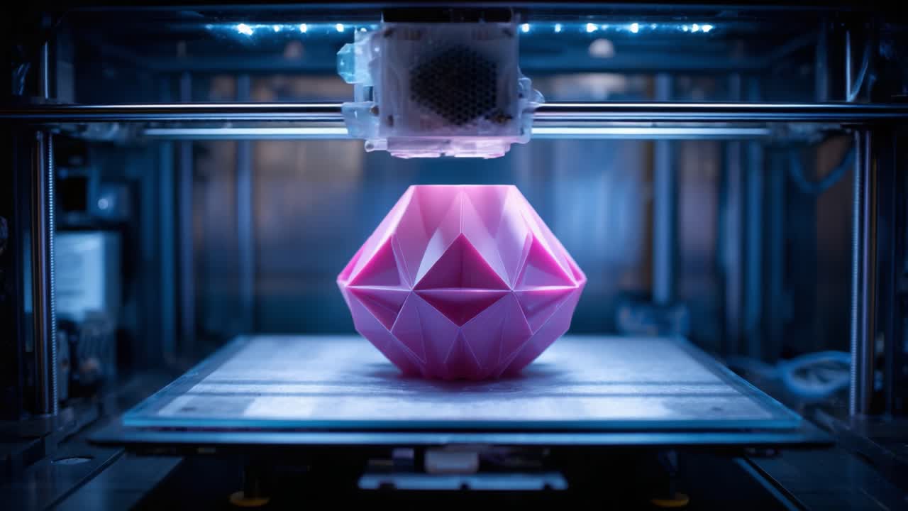 A close-up view of an advanced 3D printer in action, showcasing the intricate design and vibrant color of a geometric pink object being printed layer by layer