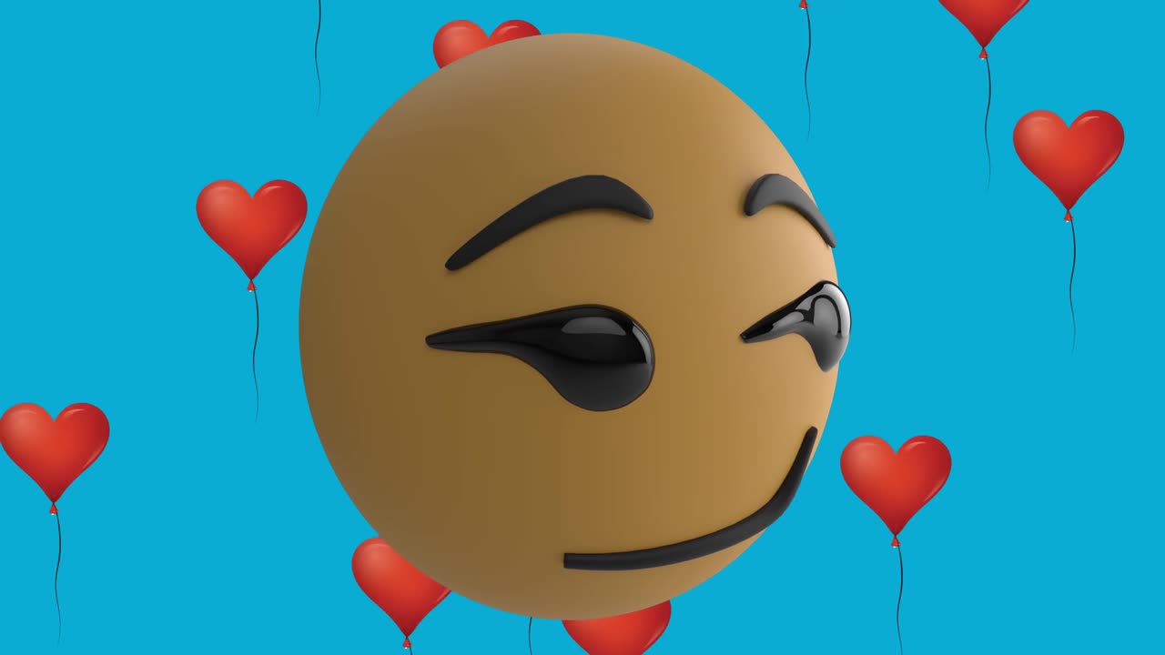 파란색 배경에  ⁇ 은 심장 풍선 아이콘과 함께 웃는 이모티콘 아이콘의 애니메이션