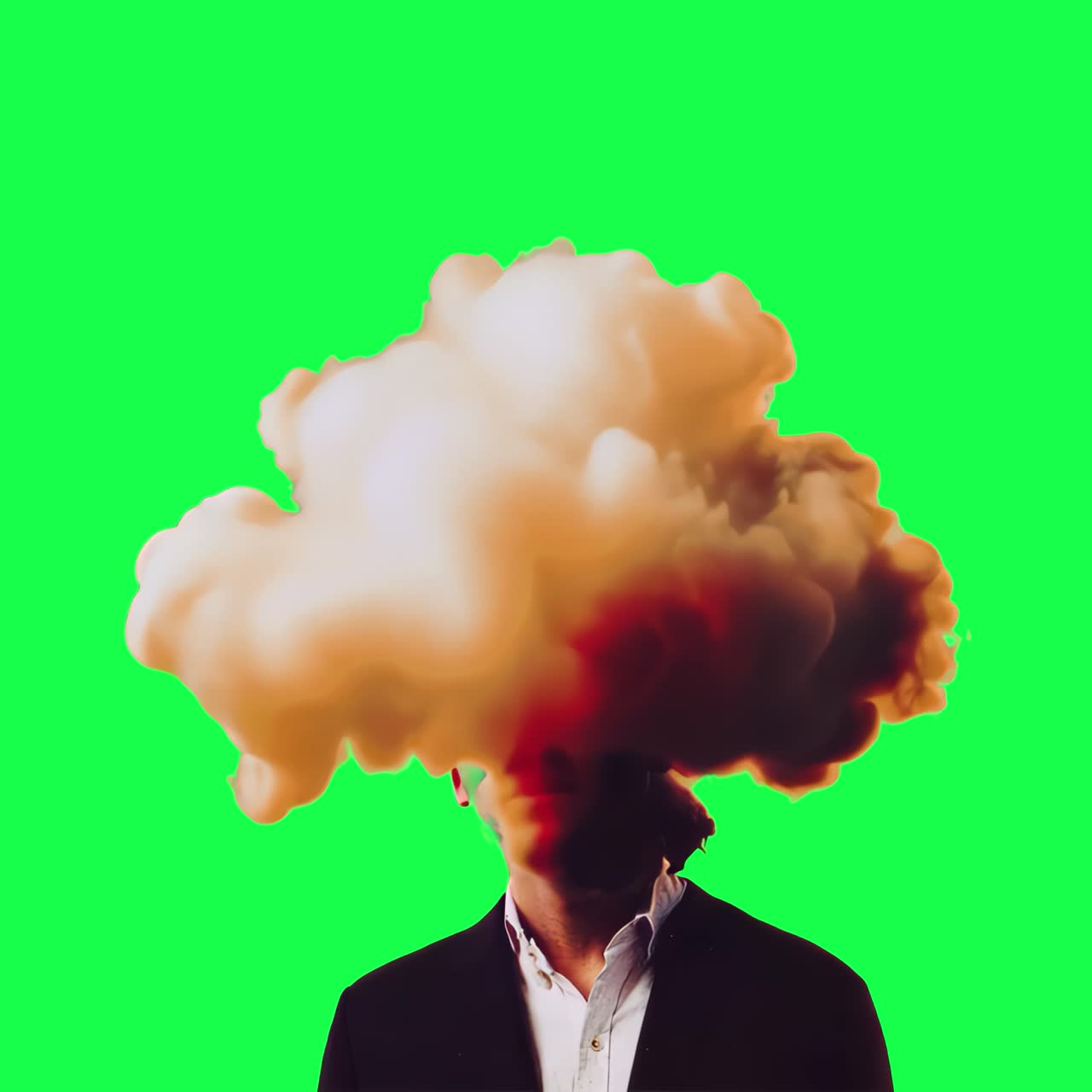 Surreal head cloud explosion animation, transparent 4K video, green screen