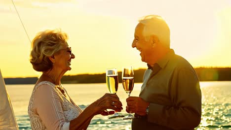 elegant senior couple is clinking glasses of champagne on a sailboat at sunset. they are smiling and laughing, enjoying their time together