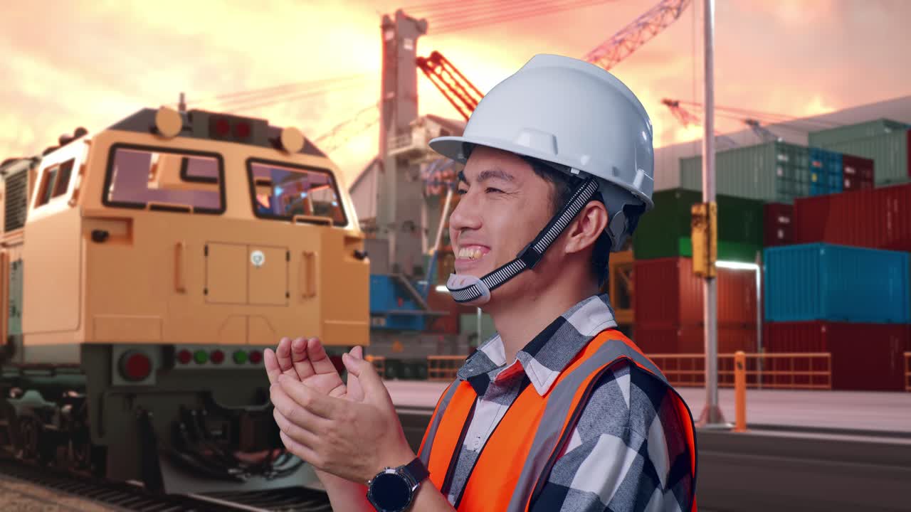 Happy Engineer at a Port with Train and Containers