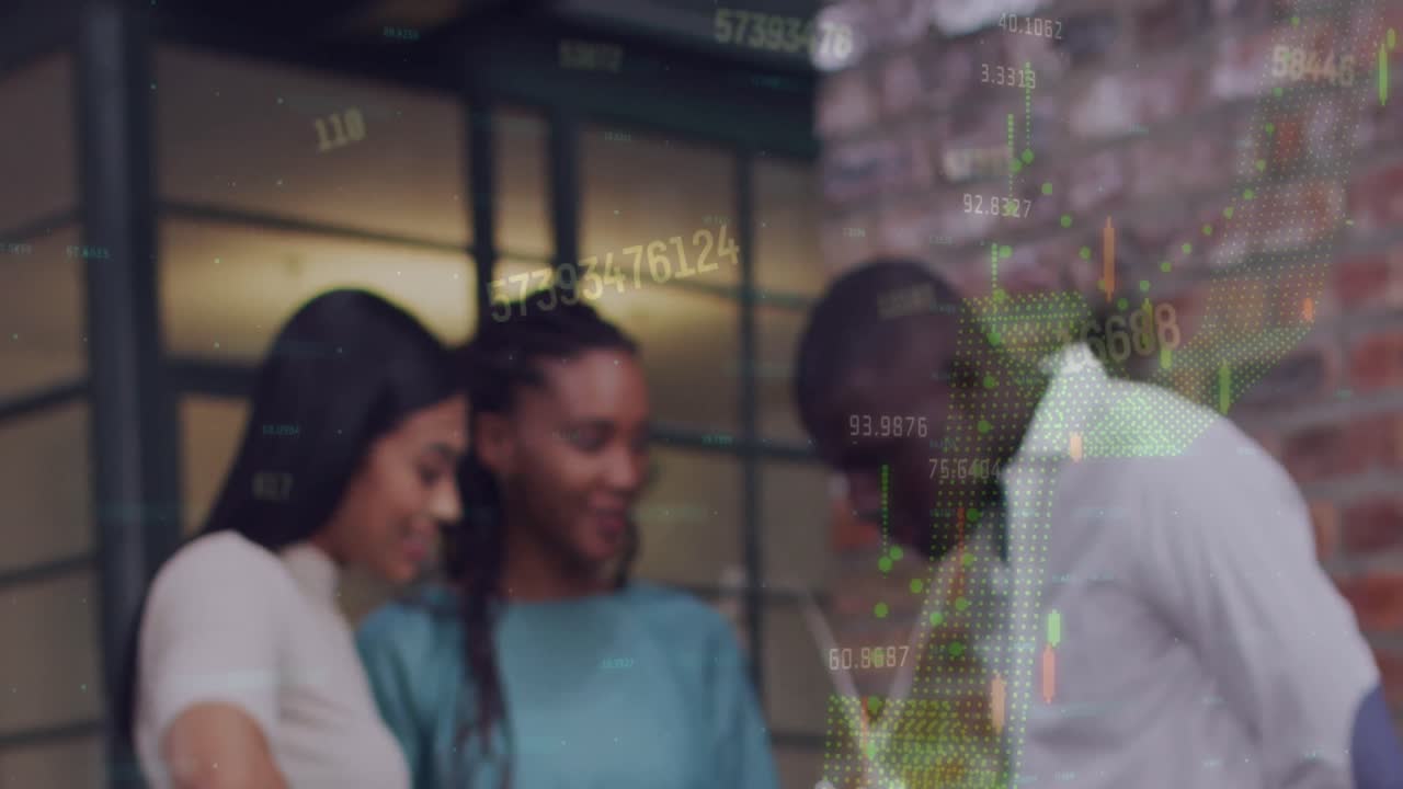 Animation of financial data processing over diverse business people at office