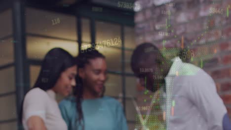 animation of financial data processing over diverse business people at office