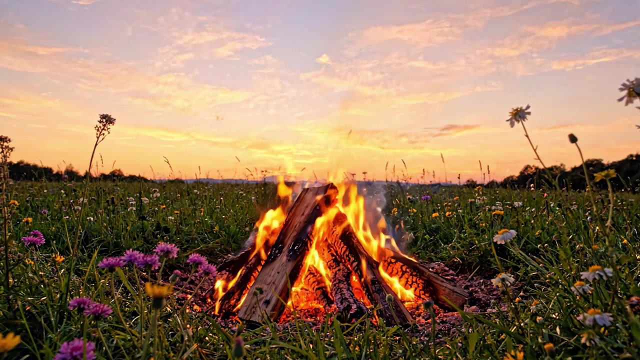 Una splendida scena crepuscolare con un falò scoppiettante circondato da fiori selvatici in un paesaggio sereno, perfetta per serate trascorse nell'abbraccio della natura.