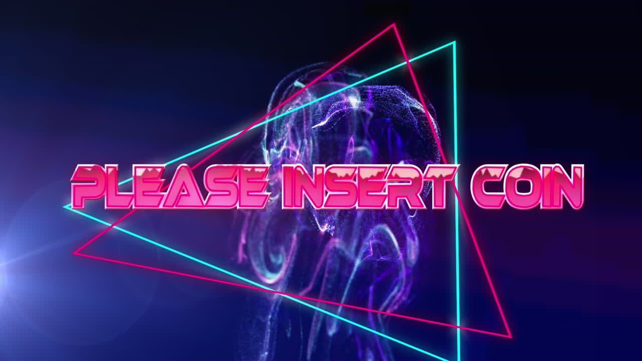 animación de por favor inserte el texto de la moneda sobre una pancarta triangular de neón contra un fondo azul.