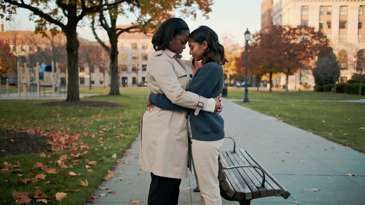 Hugging women in trench coat and blue sweater deepening hug, lowering heads on campus walkway bench