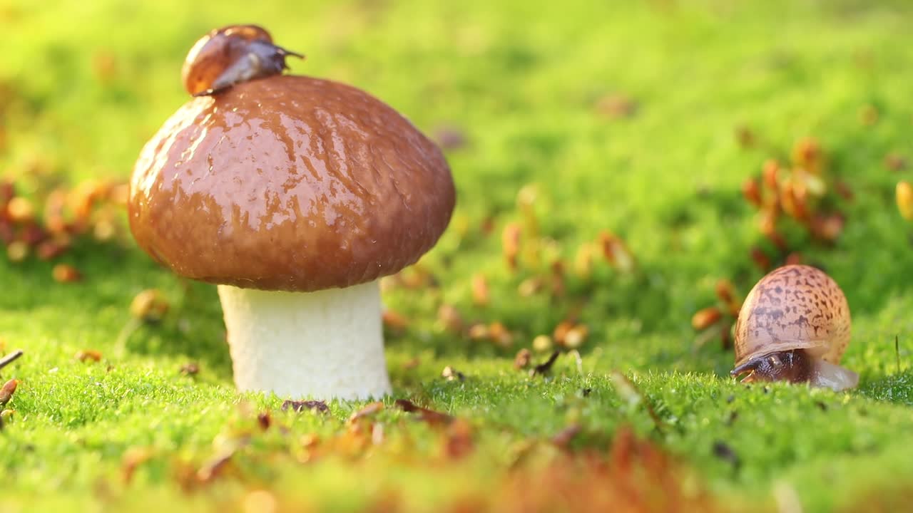 해가 지는  ⁇ 빛 속에서 천천히 기어다니는 달 ⁇ 이의 클로즈업입니다.