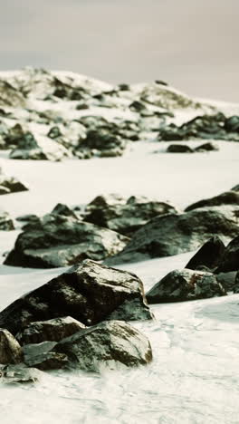 snowy mountain landscape with rocks