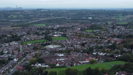 Aerial-view-above-Halton-North-England-Runcorn-Cheshire-countryside-industry-landscape-descending-slow-pan-right