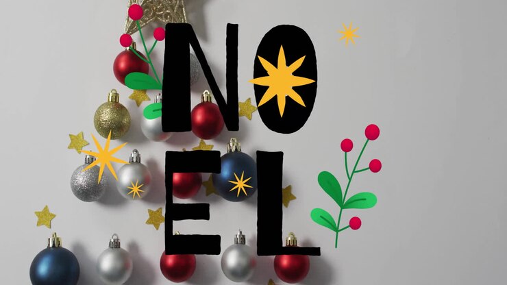 Animation du texte « Noël » sur une décoration de Noël sur fond blanc