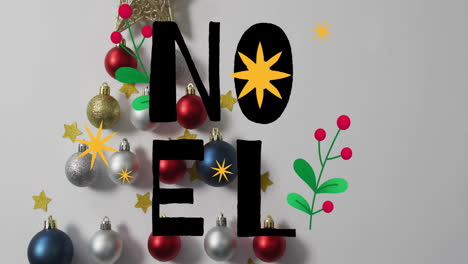animation of noel text over christmas decoration on white background