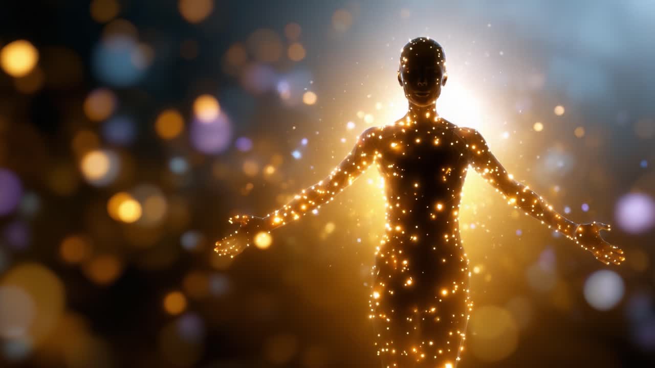 Una silueta cautivadora de una figura iluminada por vibrantes partículas de luz, que encarna una sensación de asombro, magia y belleza etérea a través de energía brillante