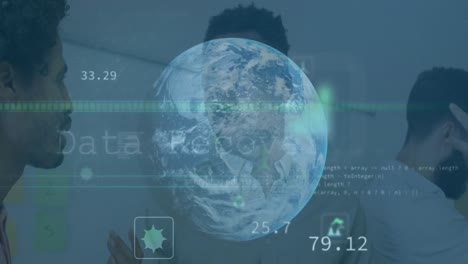 Animation of globe and financial data processing over business people working in office