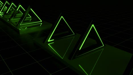 hermoso túnel de triángulo de bucle abstracto con líneas de luz verde