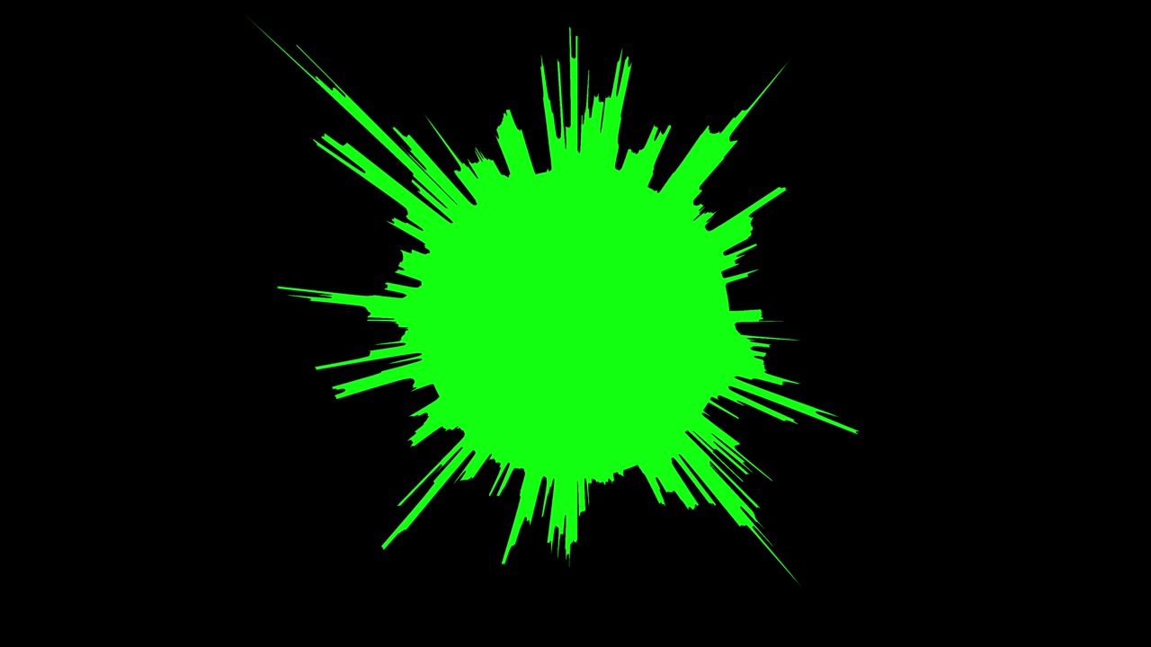 Animazione in loop continuo di esplosione radiale turbolenta verde con schizzi su sfondo nero