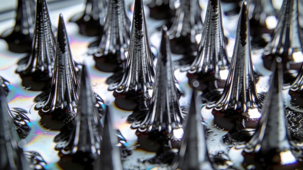 Skiftende blanke ferrofluid-pigge reagerer på bevægende magnet på reflekterende plade, dråber dannes.