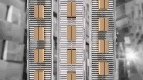 animation of cardboard boxes moving on conveyor belts over warehouse