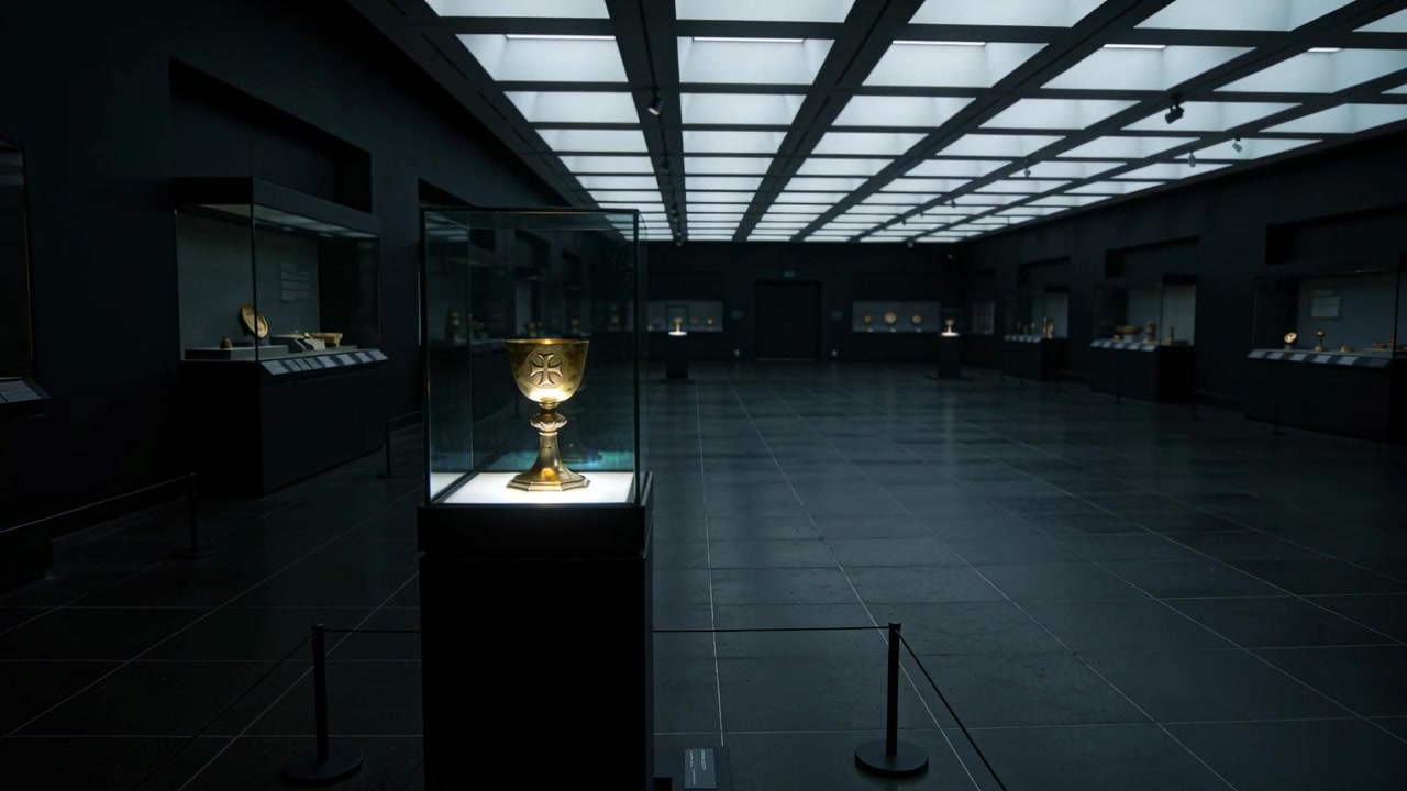 La telecamera si allontana rivelando un calice ornato in una teca di vetro in una sala del museo, per mostrare il paletto con corda.