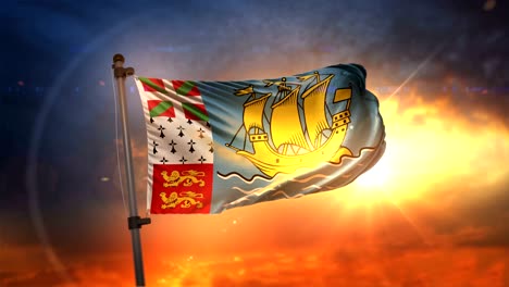 la bandera de saint pierre y miquelon retroiluminada en un hermoso bucle de amanecer en cámara lenta 4k