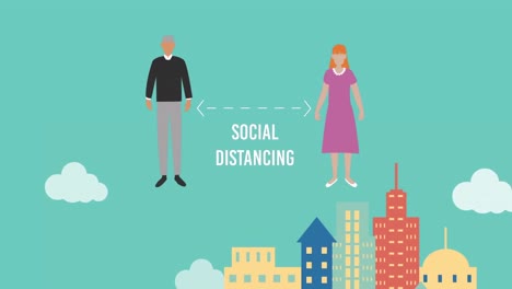 animation of people social distancing over a blue sky and buildings