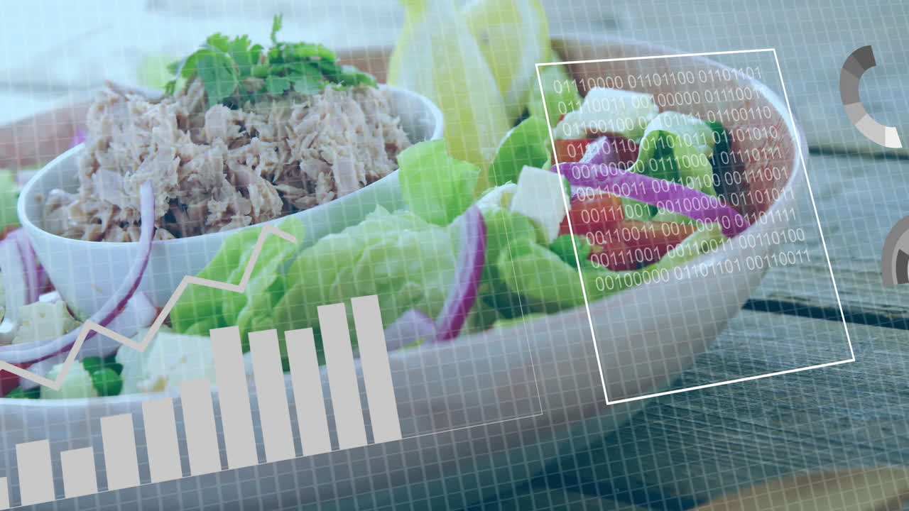 Salad and tuna dish with data processing animation overlaid on grid background