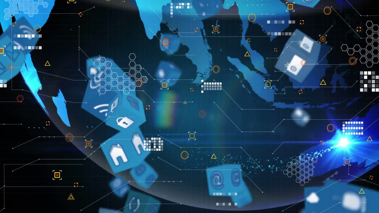 검은색 배경에 전 세계에 있는 기술 아이콘을 가진 큐브의 애니메이션