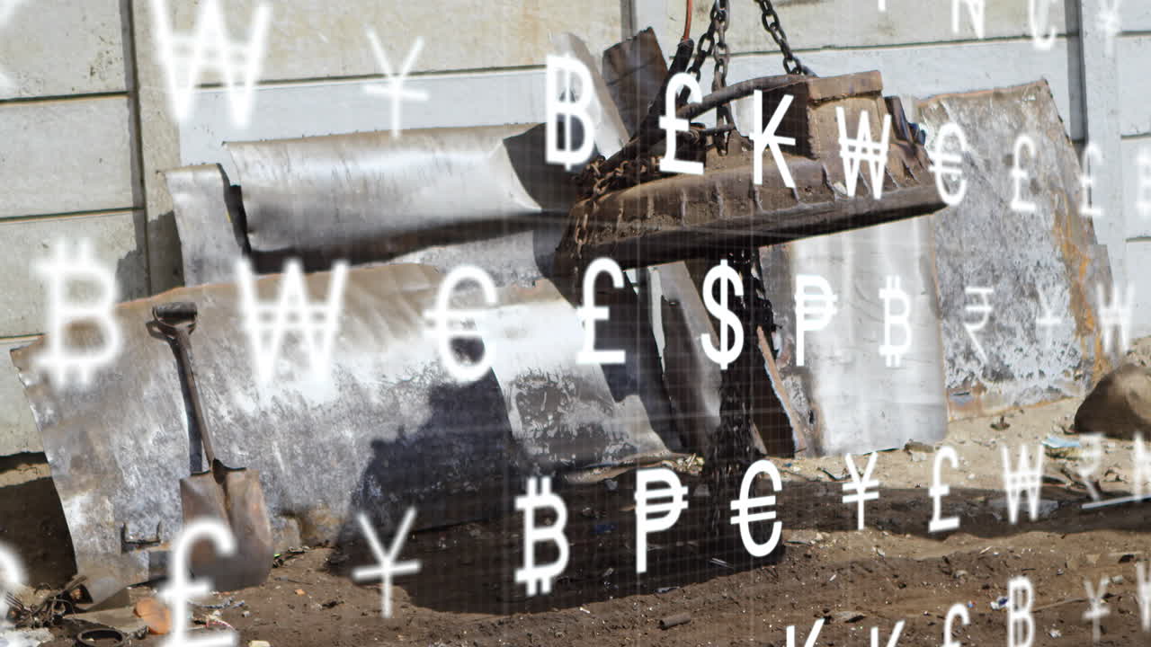 쓰레기장에서 작동하는 마그네트 크레인에 대한 여러 통화 기호를 가진 인터페이스의 애니메이션