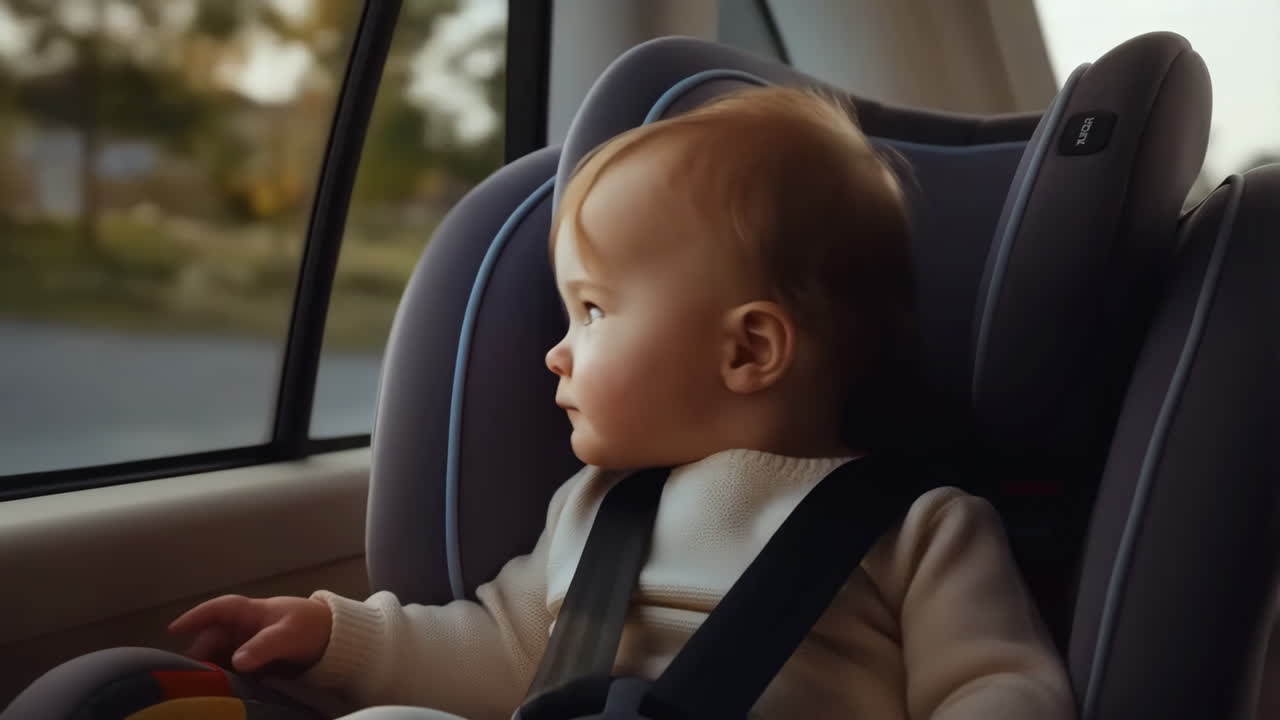 Baby in car seat looking out window