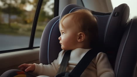 baby in car seat looking out window