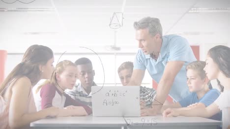animación de ecuaciones matemáticas sobre diversos escolares con maestro masculino